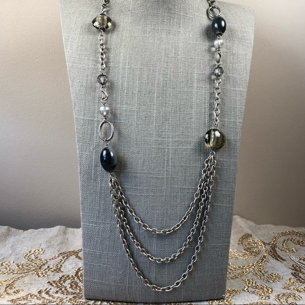 Gray and silver long triple strand necklace